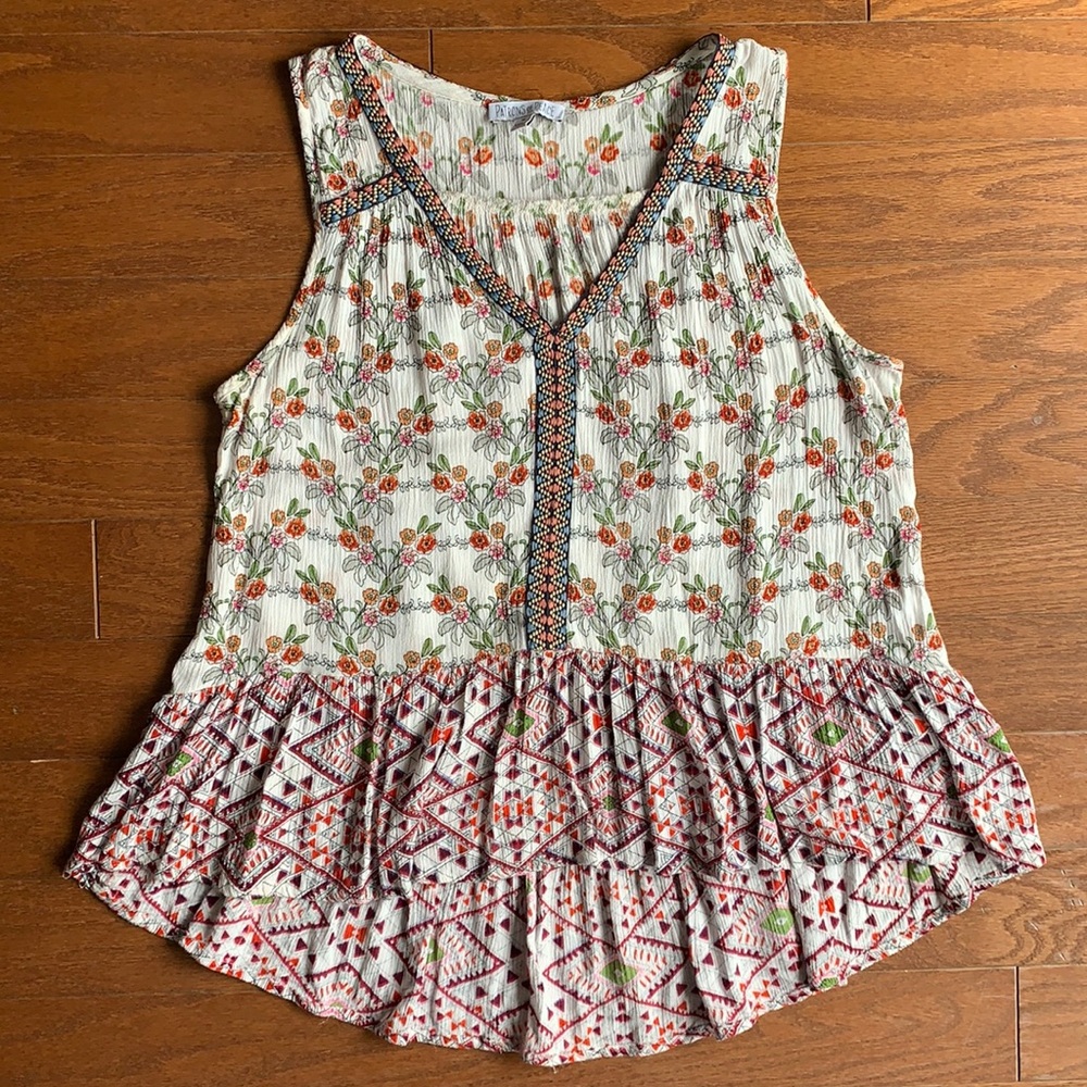 Patrons of Peace Anthropologie Sleeveless Ruffle Hem Floral Boho Top Size Medium